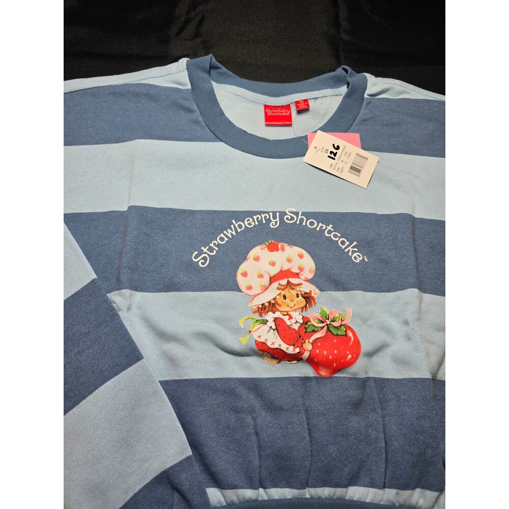 Strawberry Shortcake Blue Stripe Graphic Fleece Sweatshirt Pullover - Picture 2 of 6